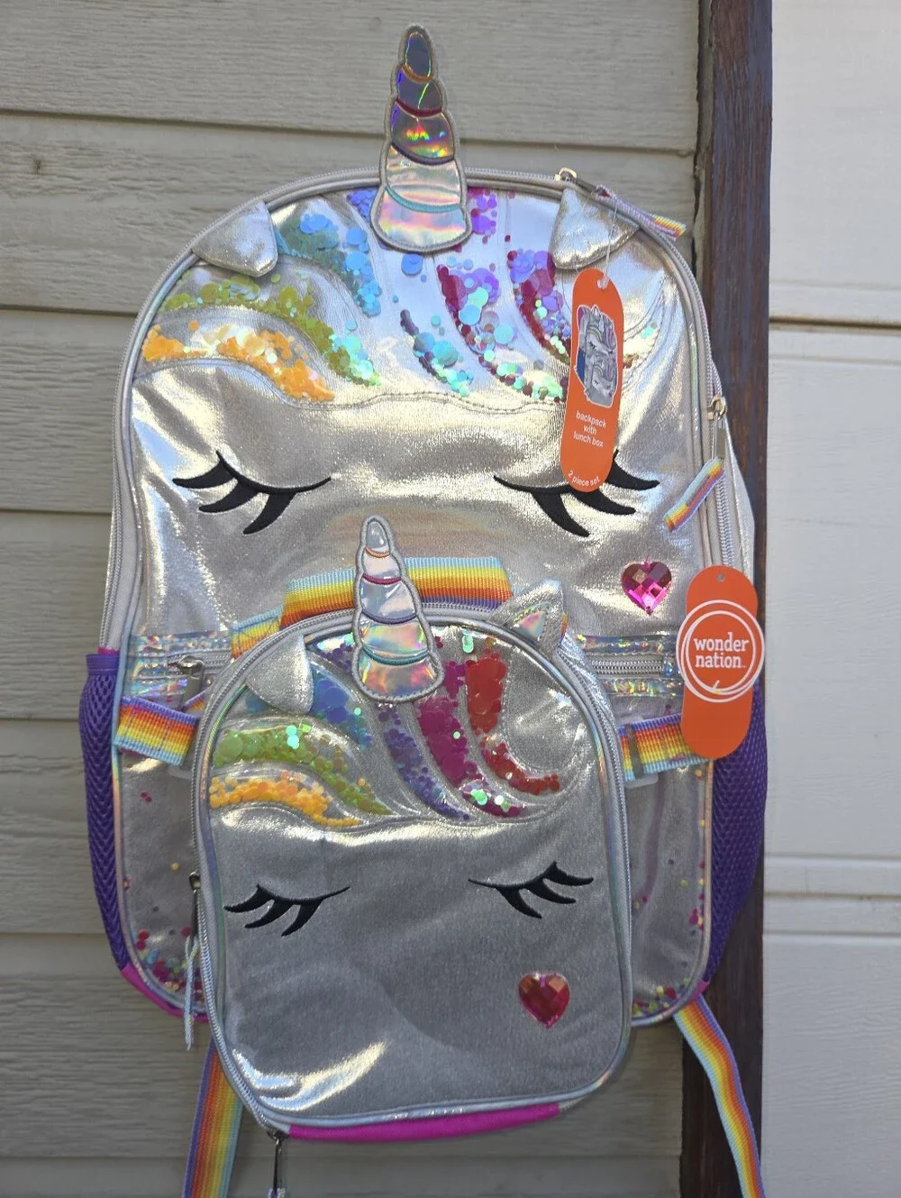 Wonder nation Silver Unicorn Sequin Backpack with Rainbow Accents And Lunch Box